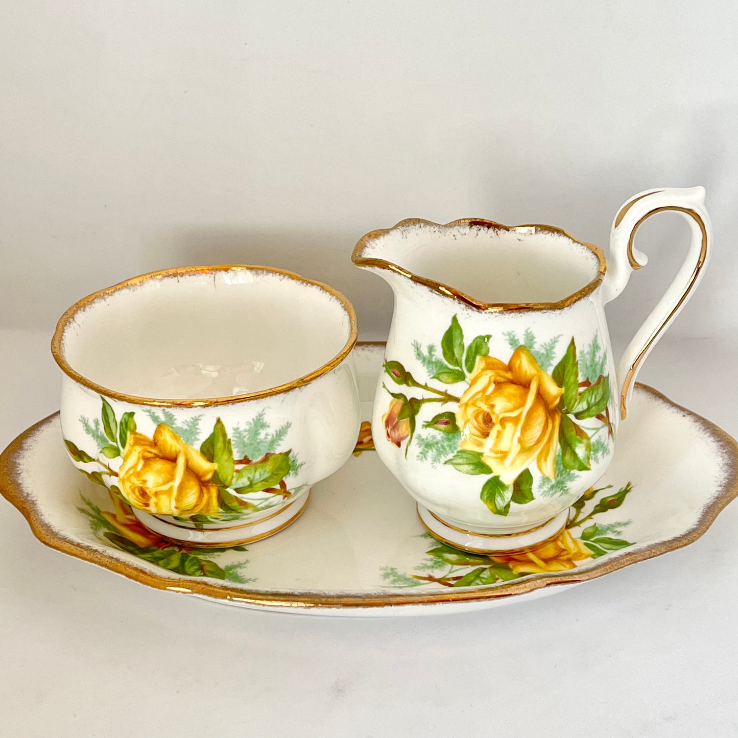 Porcelain - Royal Albert Tea Rose Creamer & Sugar Bowl Tray  Set 3 pcs