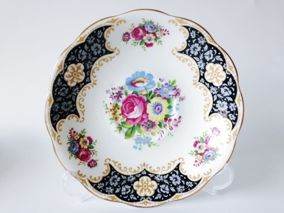 Porcelain - Royal Standard Black White Floral Footed Teacup Saucer