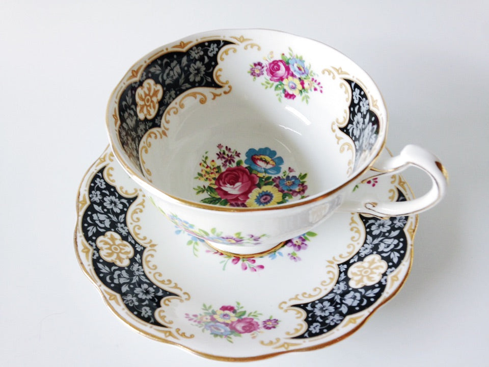 Porcelain - Royal Standard Black White Floral Footed Teacup Saucer