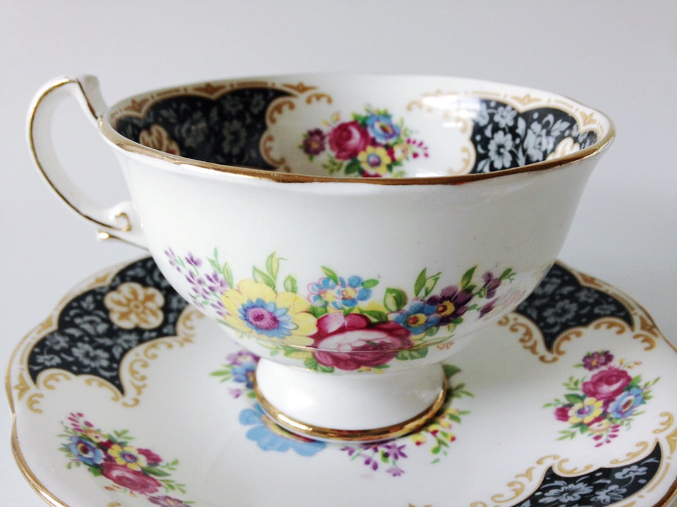 Porcelain - Royal Standard Black White Floral Footed Teacup Saucer