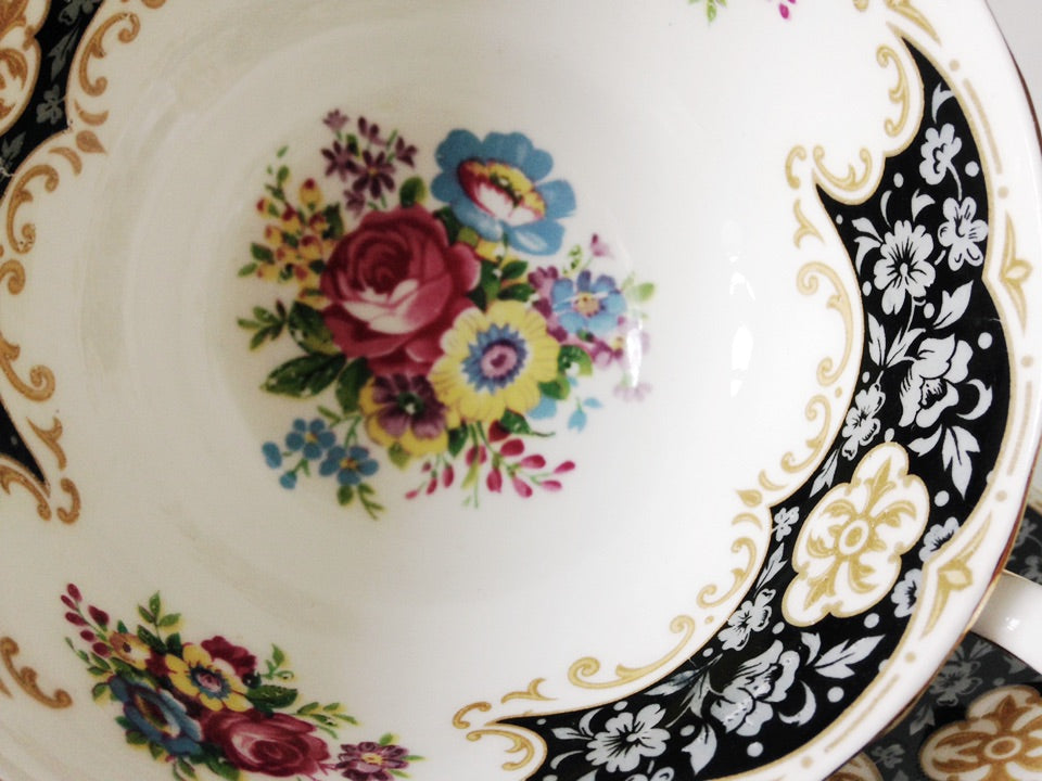 Porcelain - Royal Standard Black White Floral Footed Teacup Saucer