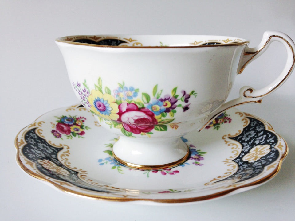 Porcelain - Royal Standard Black White Floral Footed Teacup Saucer