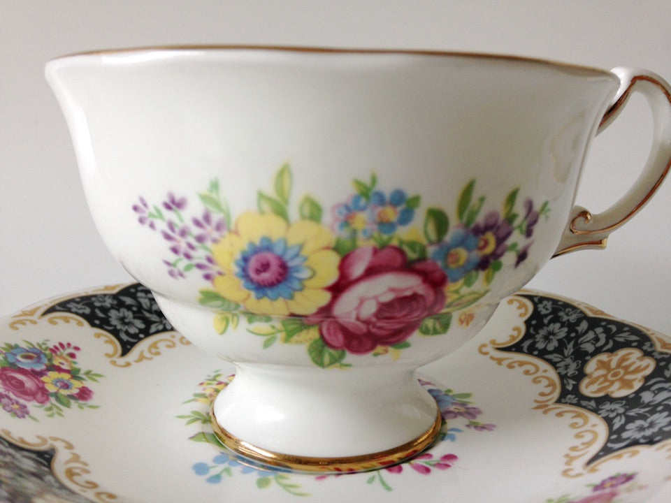 Porcelain - Royal Standard Black White Floral Footed Teacup Saucer