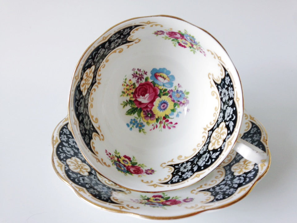 Porcelain - Royal Standard Black White Floral Footed Teacup Saucer