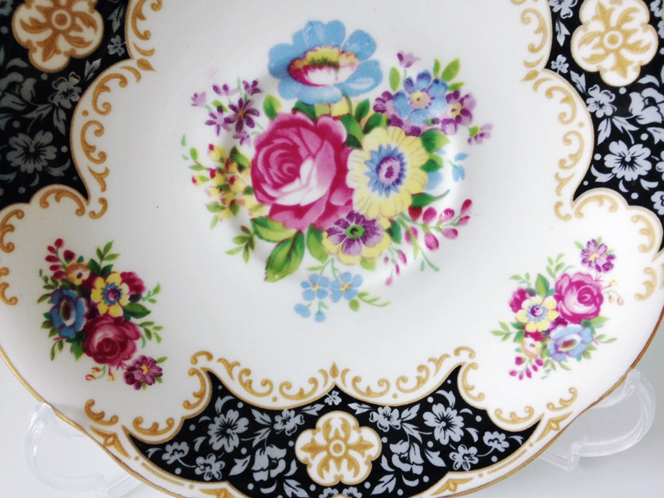 Porcelain - Royal Standard Black White Floral Footed Teacup Saucer